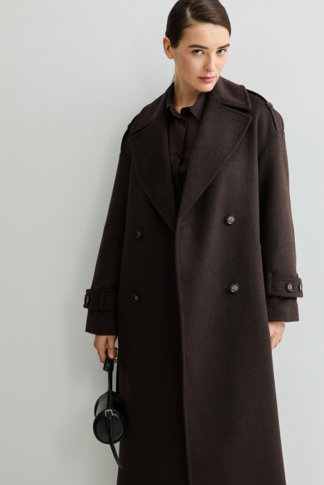 двубортное пальто с поясом из россии вид сбоку