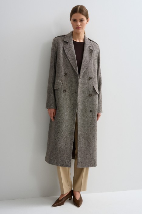 двубортное пальто с ремнем 810308003 фотография