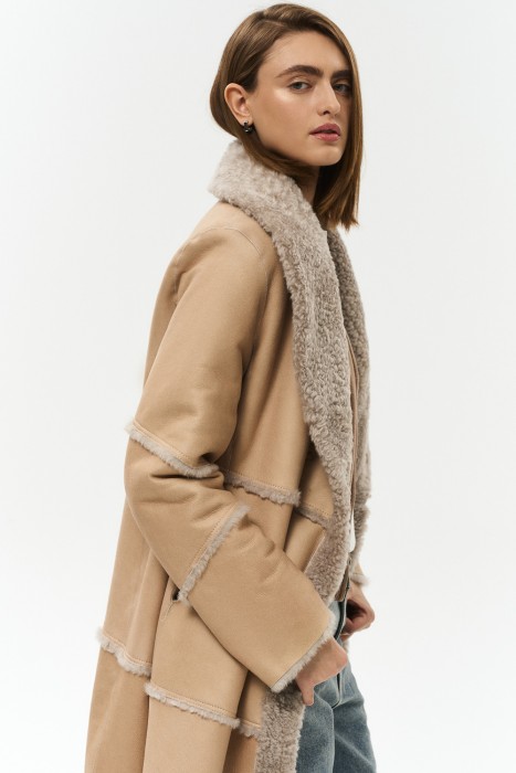 двусторонняя дубленка из овчины с поясом из россии вид сбоку