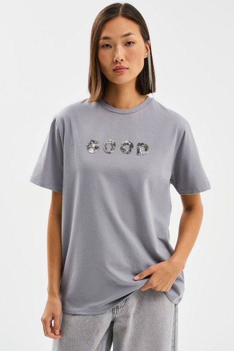 футболка с декором от бренда снежная королева вид слева