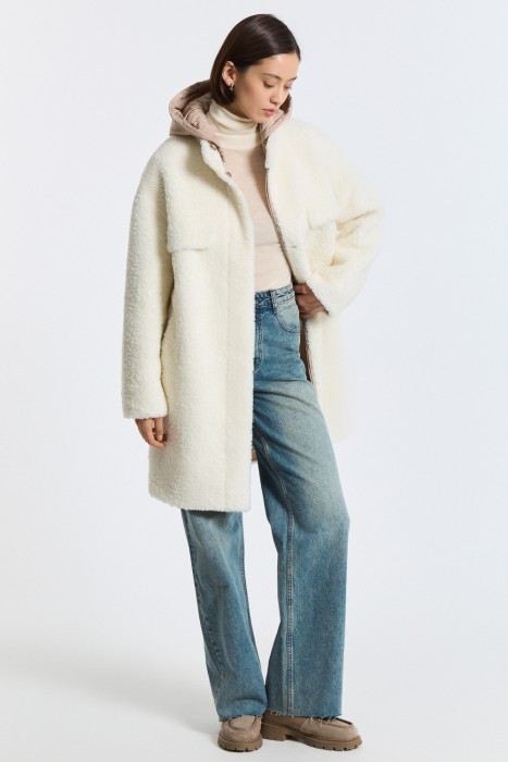 комбинированная шуба из шерсти с капюшоном 790364003 фотография