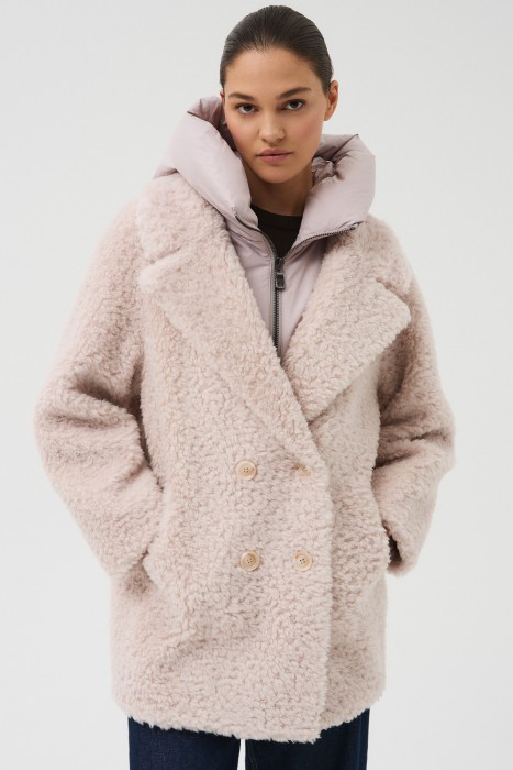 комбинированная шуба из шерсти с капюшоном 787425003 фотография