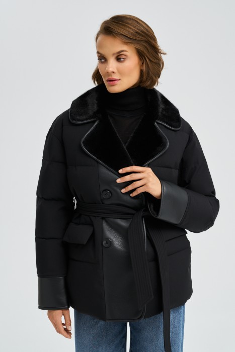 комбинированная зимняя куртка с поясом 787841003 фотография