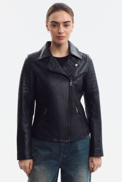 косуха из натуральной кожи от бренда снежная королева вид слева