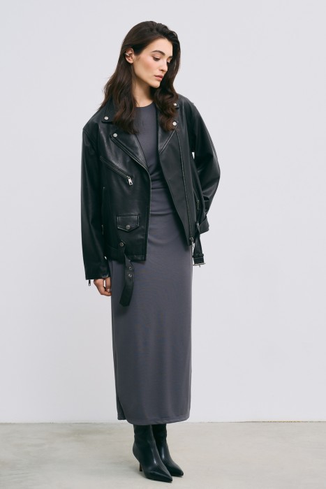 косуха из натуральной кожи от бренда снежная королева вид слева