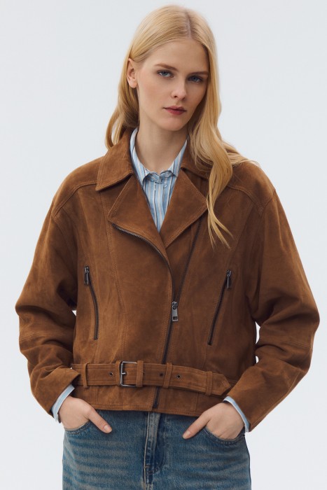 косуха из натуральной замши от бренда снежная королева вид слева