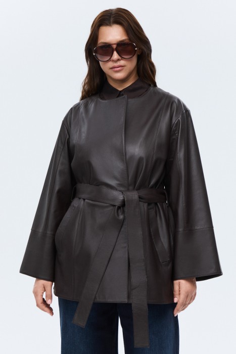 кожаная куртка с поясом 804058003 фотография