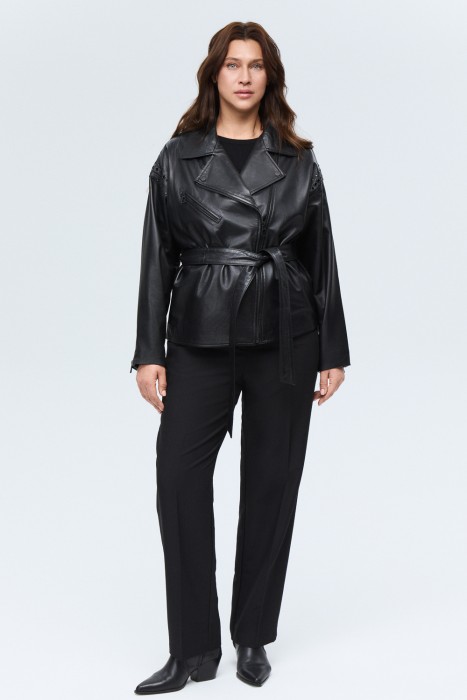 кожаная куртка с поясом от бренда снежная королева вид слева