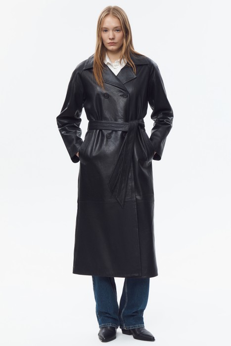 кожаный плащ с поясом от бренда снежная королева вид слева