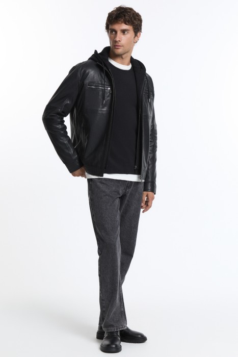 куртка из натуральной кожи с капюшоном от бренда снежная королева вид слева