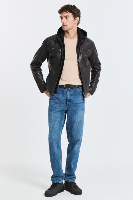 куртка из натуральной кожи с капюшоном от бренда снежная королева вид слева