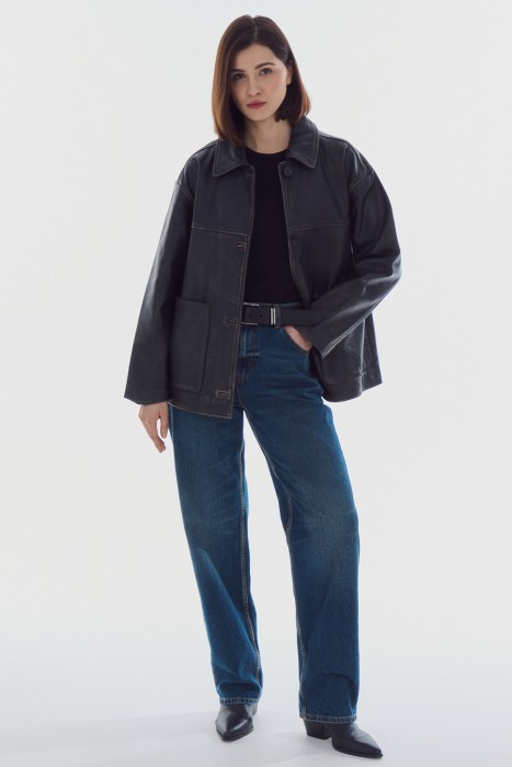 куртка из натуральной кожи от бренда снежная королева вид слева