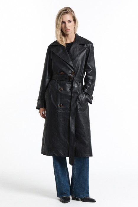 плащ из натуральной кожи с поясом от бренда снежная королева вид слева