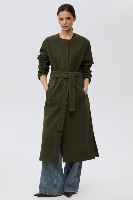 плащ из натуральной замши от бренда снежная королева вид слева