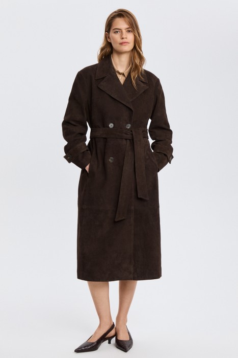 плащ из натуральной замши от бренда снежная королева вид слева