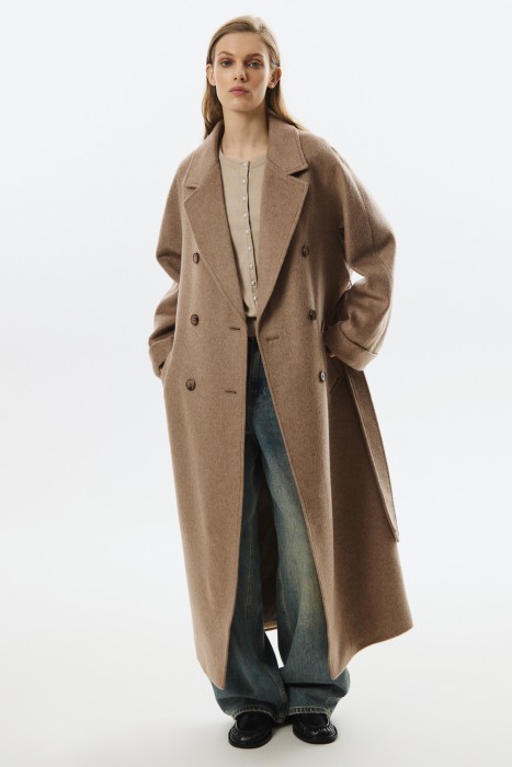 шерстяное пальто с поясом от бренда снежная королева вид слева