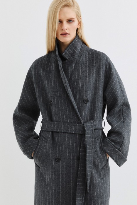 шерстяное пальто с поясом 812709003 фотография