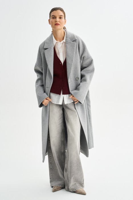 шерстяное пальто с поясом 797716003 фотография