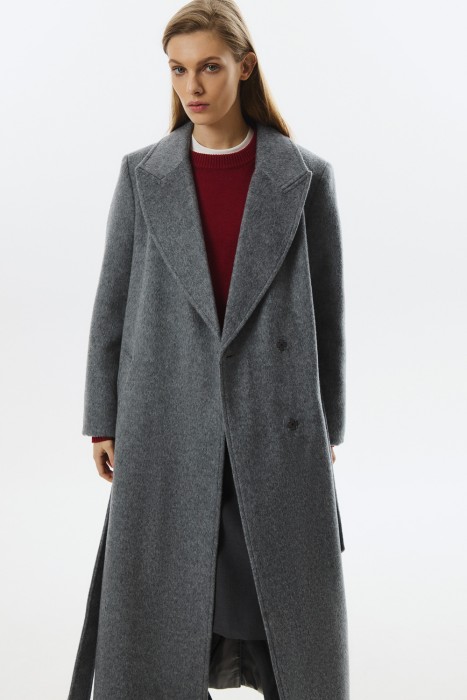 шерстяное пальто с поясом от бренда снежная королева вид слева