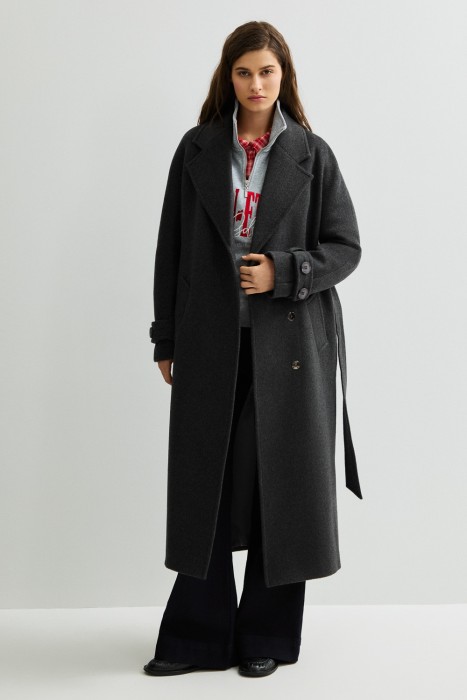 шерстяное пальто с поясом 826825003 фотография