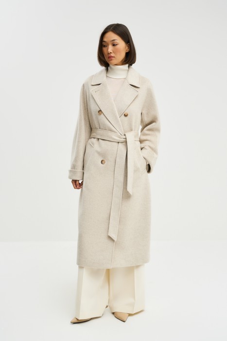 шерстяное пальто с поясом от бренда снежная королева вид слева