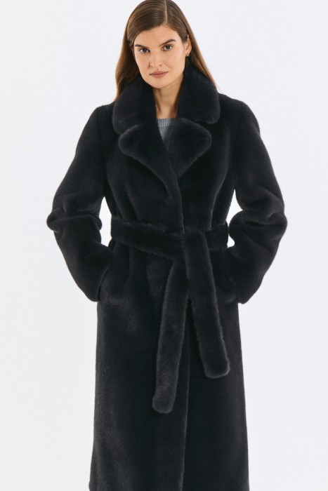 шуба из искусственного меха с поясом 783177003 фотография