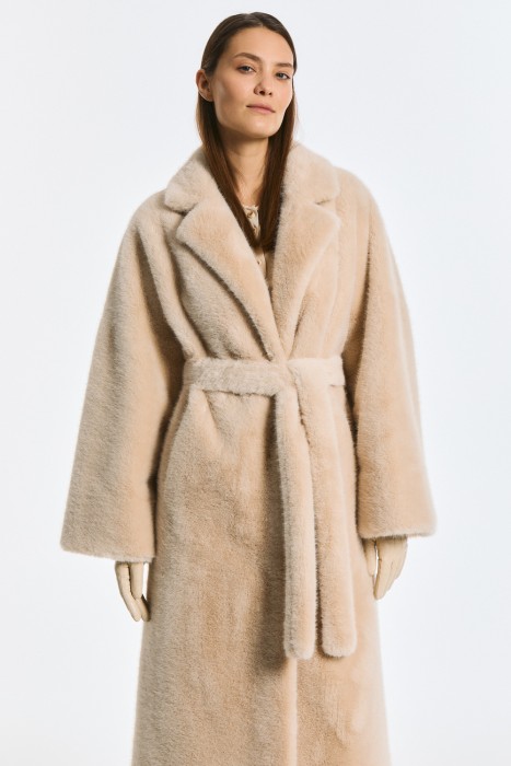 шуба из искусственного меха с поясом 801587003 фотография