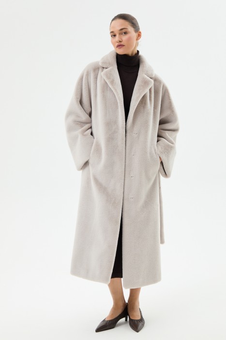 шуба из искусственного меха с поясом из россии вид сбоку