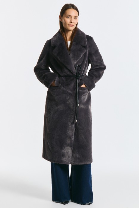 шуба из искусственного меха с поясом 791621003 фотография