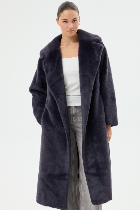 шуба из искусственного меха с поясом из россии вид сбоку