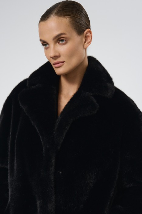 шуба из искусственного меха с поясом из россии вид сбоку