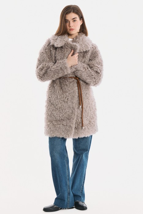 шуба из шерсти с поясом 789898003 фотография