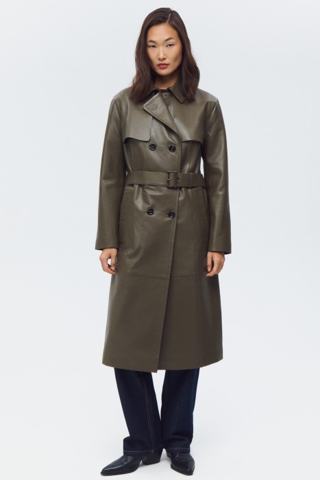 тренч из натуральной кожи от бренда снежная королева вид слева