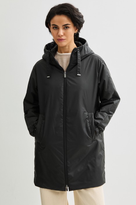 удлиненная куртка с капюшоном от бренда снежная королева вид слева