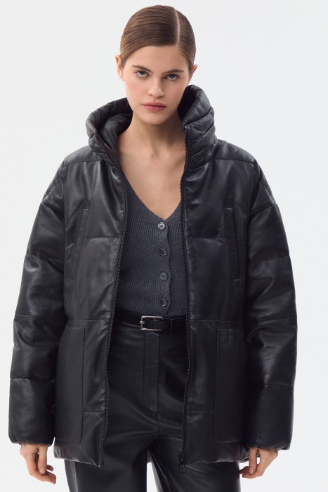 утепленная кожаная куртка с капюшоном 776769003 фотография