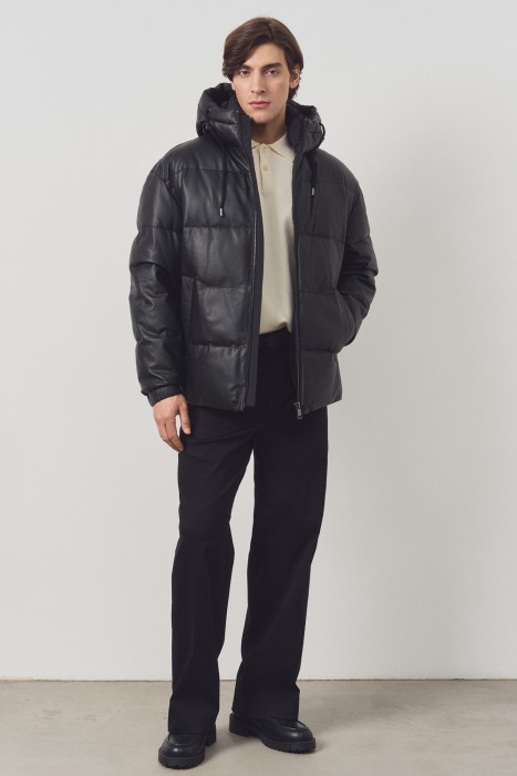 утепленная кожаная куртка с капюшоном 783981003 фотография