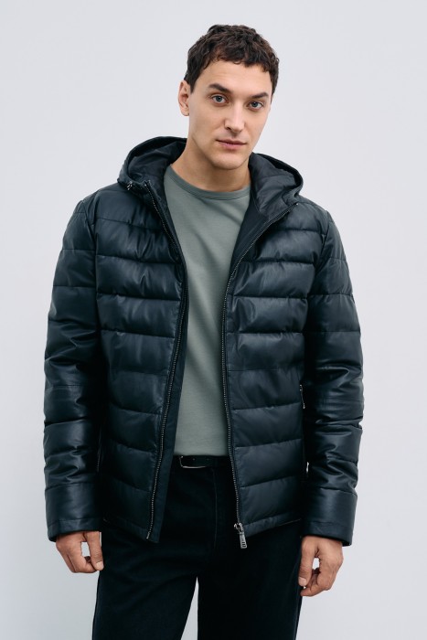 утепленная кожаная куртка с капюшоном 783980003 фотография