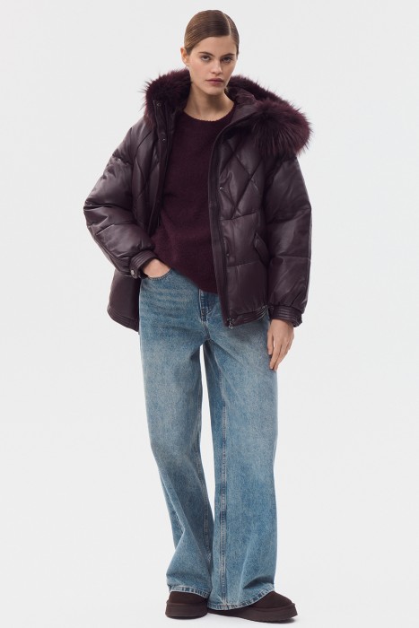 утепленная кожаная куртка с капюшоном 777259003 фотография