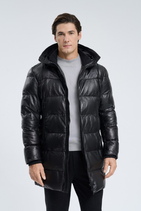 утепленная кожаная куртка с капюшоном 722852003 фотография
