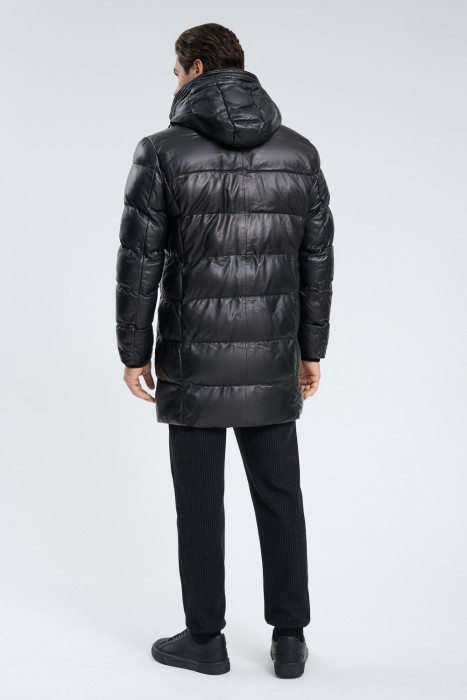 утепленная кожаная куртка с капюшоном по цене 14270 руб вид справа