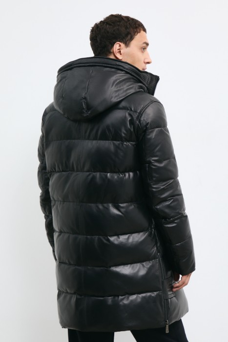 утепленная кожаная куртка с капюшоном по цене 17120 руб вид справа