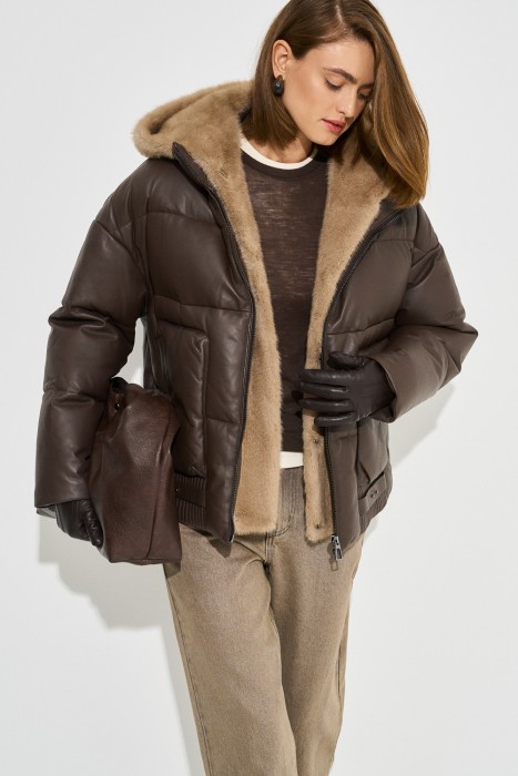 утепленная кожаная куртка с капюшоном 778291003 фотография