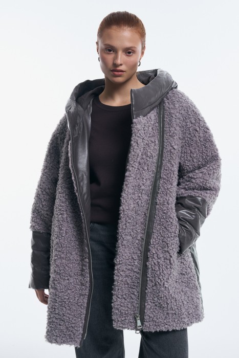 утепленная кожаная куртка с капюшоном 778449003 фотография
