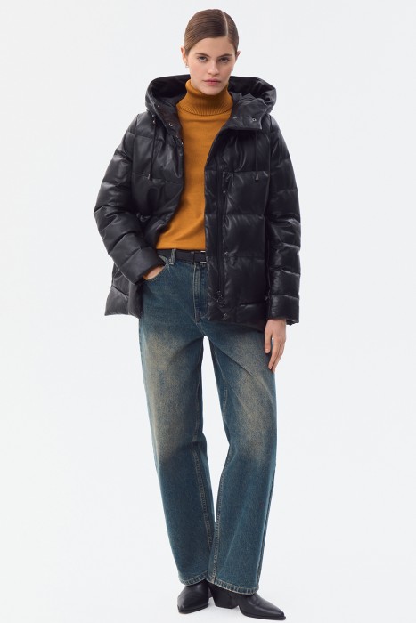 утепленная кожаная куртка с капюшоном 776772003 фотография