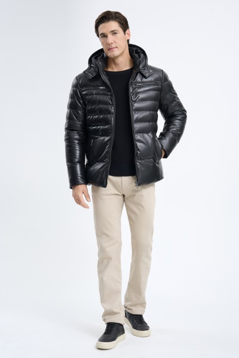 утепленная кожаная куртка с капюшоном 725234003 фотография