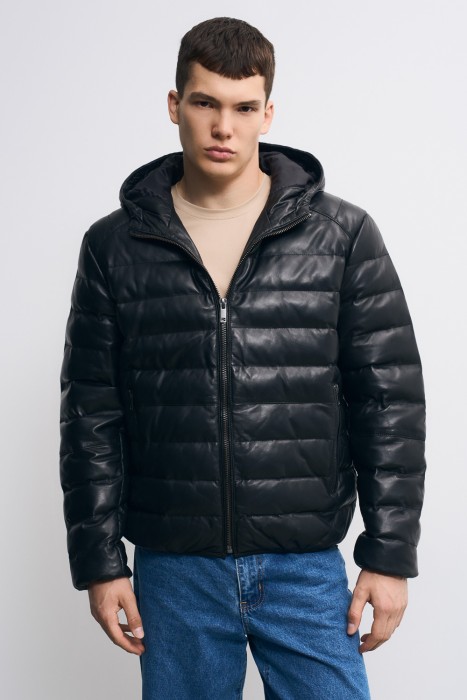 утепленная кожаная куртка с капюшоном 771690003 фотография