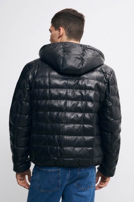 утепленная кожаная куртка с капюшоном по цене 10600 руб вид справа