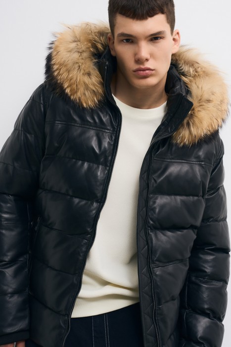утепленная кожаная куртка с капюшоном 771691003 фотография