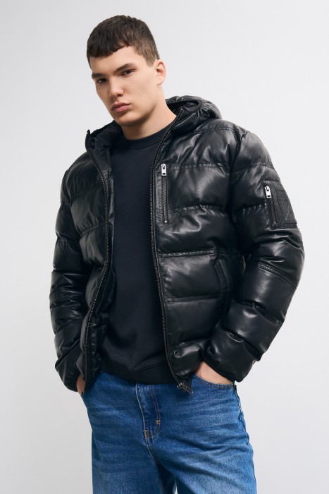 утепленная кожаная куртка с капюшоном 771694003 фотография