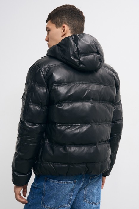 утепленная кожаная куртка с капюшоном по цене 10600 руб вид справа
